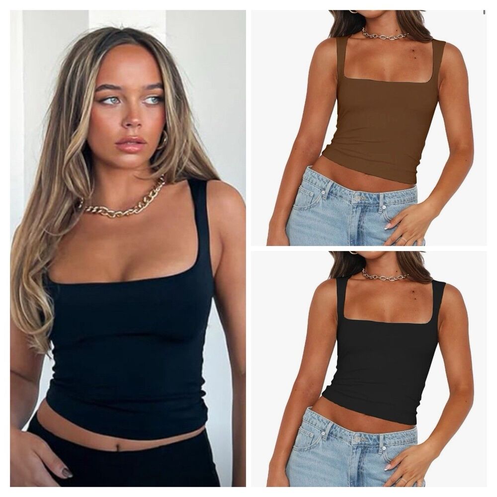 Abardsion 3 Women’s L Sexy Crop Tops Square Neck Sleeveless Double Layer Tanks